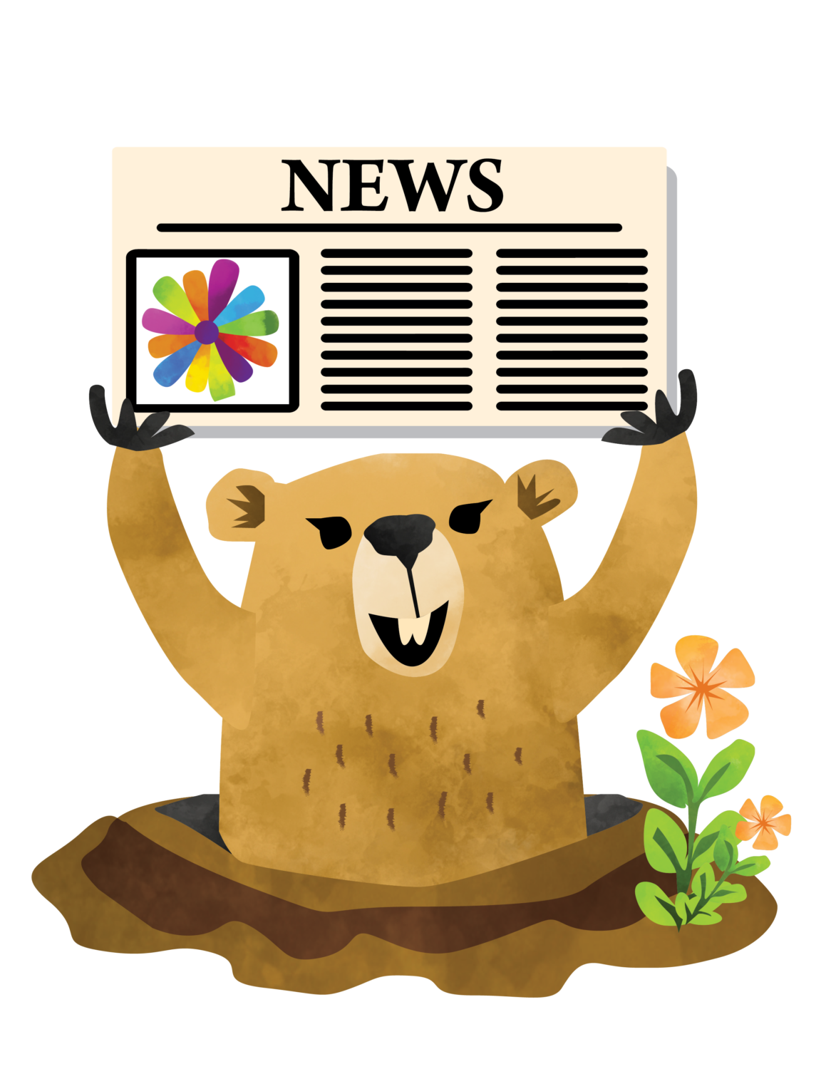 Sunset Mesa Gopher character holding newspaper.